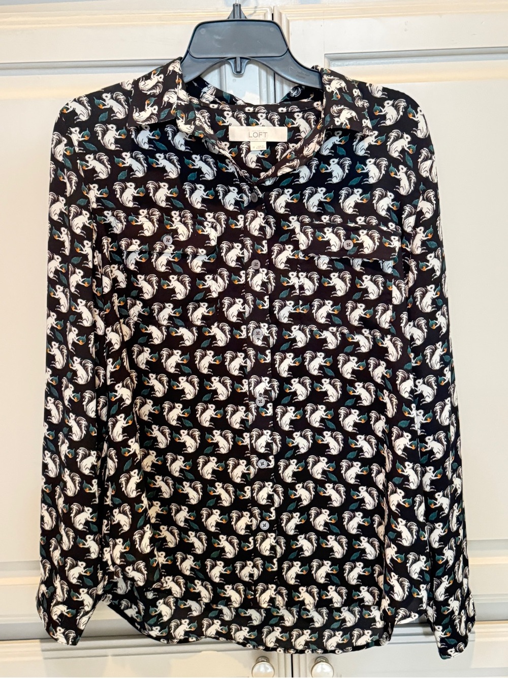 LOFT Black Blouse with White and Teal Squirrel Print